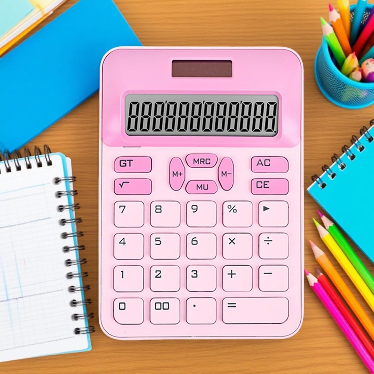 Cute Calculator with DIY Kitty Stickers, Pink Calculator 12 Digit Large LCD Display, Solar and Battery Powered, Office Accessories for Desk, Desktop Calculators for Office School (Pink)
