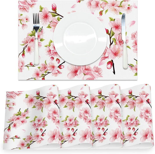 AOFOTO Pink Floral Placemat Set of 4 Spring Pink Cherry Blossom Flowers Printed Place Mats Washable Rectangular Table Mats for Party Home Kitchen Restaurant Dining Table Decor 12x18 Inch