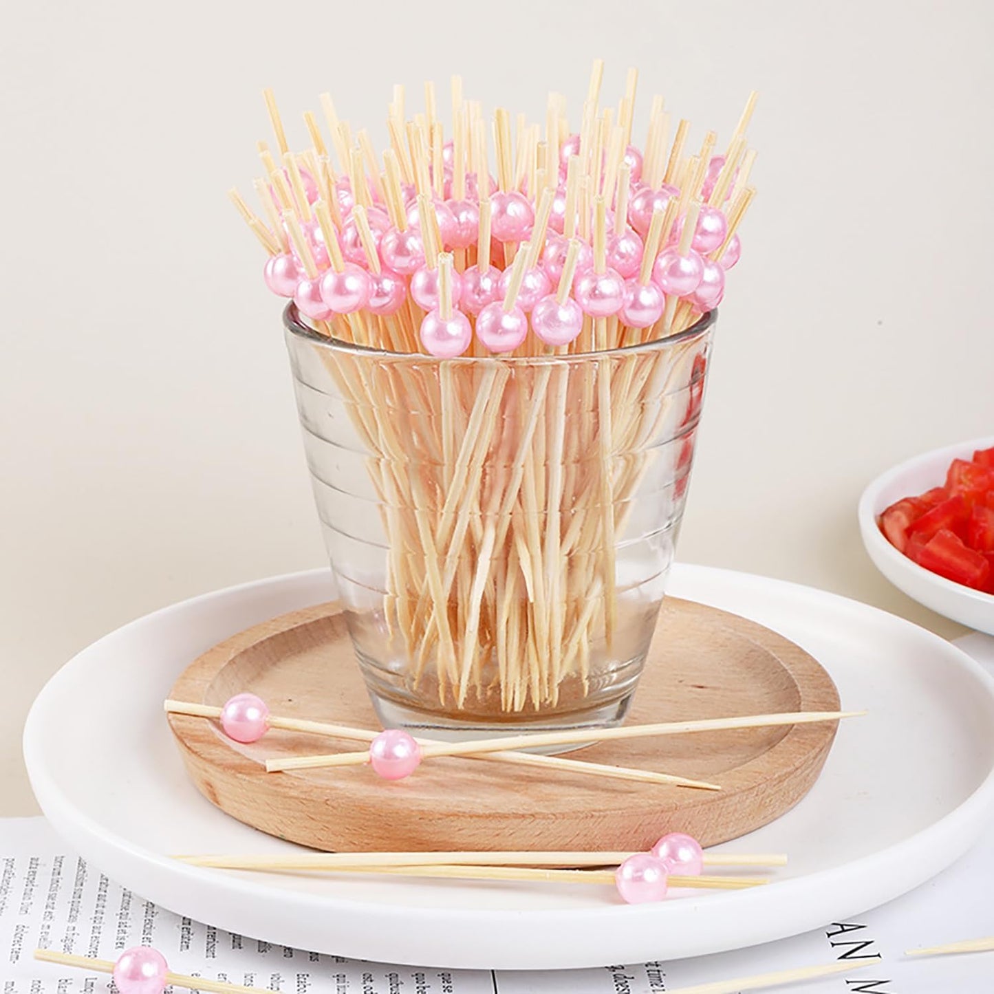 200pcs Cocktail Picks 4.7 Inch, pink Bamboo Toothpicks for Appetizers Natural Bamboo Pearl Coctail Skewers Sticks or Drinks, Fruit, Charcuterie, Wedding Mini Food Picks Decorative (pink, 200)