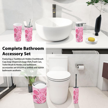 Bathroom Accessory Set 6PCS Pink Makeup Collection Brushes Powders Lipstick Trash Can, Soap Dispenser, Toothbrush Holder, Toothbrush Cup, Toilet Brush Holder, Soap Dish for Gifts