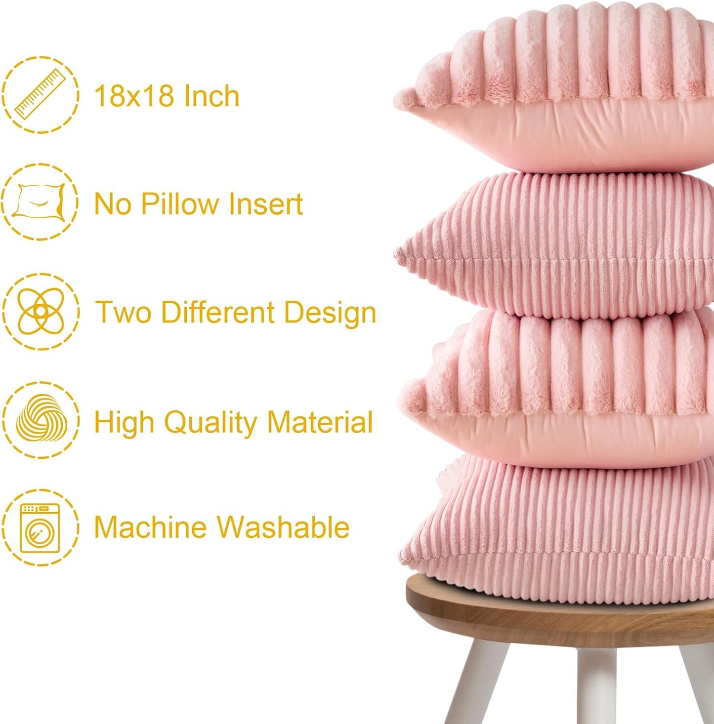 OTOSTAR Set of 4 Corduroy Soft Decorative Throw Pillow Covers 18x18 Inch Faux Fur Plush Pillow Covers Fuzzy Striped Luxury Cushion Case Pillowcase for Couch Sofa Bed Home Living Room Decor (Pink)