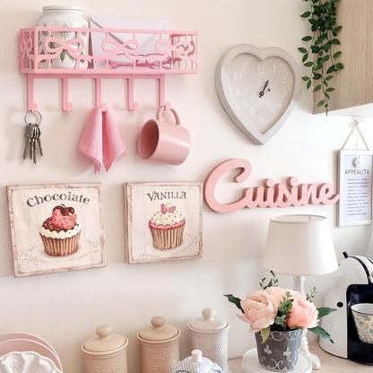 Hicarer Pink Bow Key Holder Wall Mount with Basket and 5 Hooks Decorative Cute Coquette Bow Hooks Hanger Pink Key and Mail Organizer Coquettish Preppy Decor for Entryway Home Apartment Dormitory