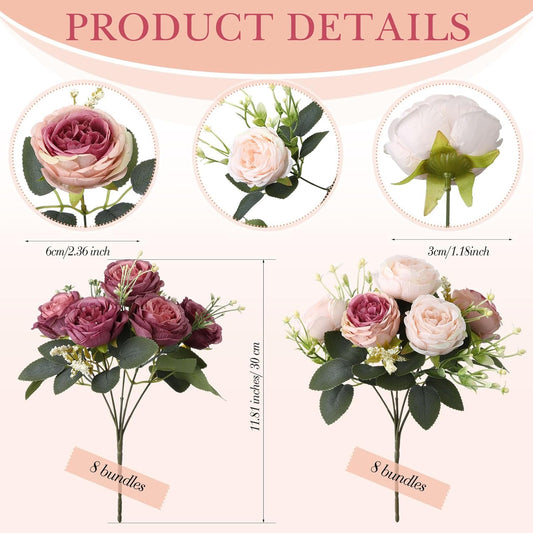 Geosar 16 Bundles Artificial Peonies Flowers Fake Silk Peony Bouquet Faux Peonies Flowers Bulk for Decoration Vase Floral Arrangements Wedding Party Table (Dusty Pink,Dusty Rose)