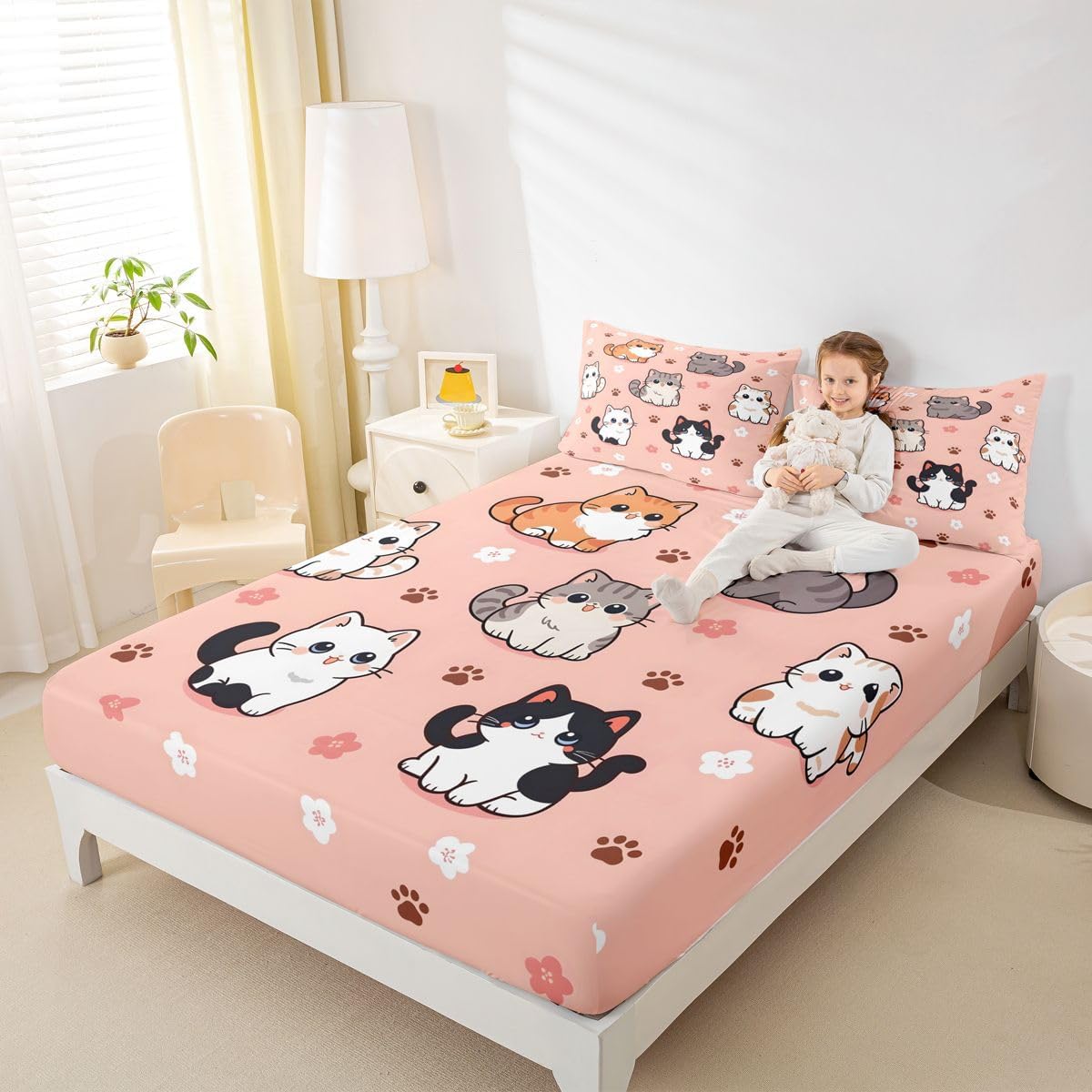 Homewish Cute Cat Fitted Sheet Kawaii Animals Paw Bed Cover,1 Fitted Sheet+2 Pillowcases(No Flat Sheet) Japanese Style Bed Cover Room Decor Queen Peach Pink