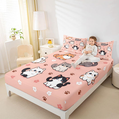 Homewish Cute Cat Fitted Sheet Kawaii Animals Paw Bed Cover,1 Fitted Sheet+2 Pillowcases(No Flat Sheet) Japanese Style Bed Cover Room Decor Queen Peach Pink