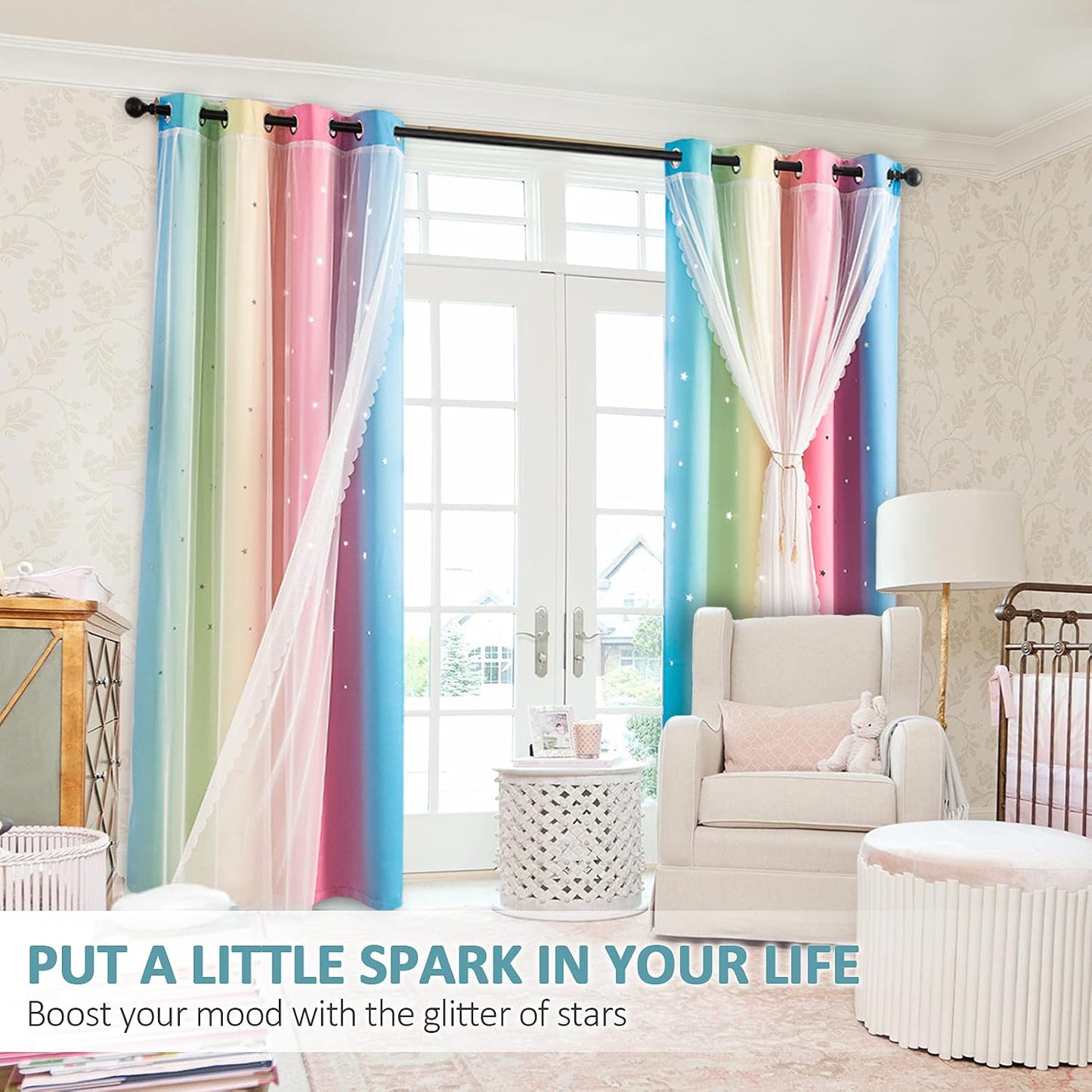 Stiio Rainbow Curtains for Girls Bedroom - 2 Panel Star Curtains with Sheer Double Layer Blackout, 52 x 63 inch Ombre & Yellow Pink