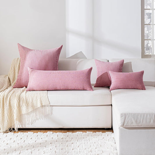 Set of 1 Lumbar Throw Pillow Cover 12x24 Inch Pink, Soft Striped Corduroy Cushion Case Modern Farmhouse Home Decor for Sofa Living Room Couch Bed