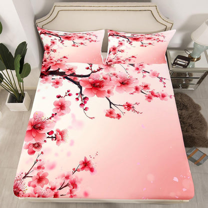 Cherry Bloosom Fitted Sheet Queen Size 3 Pcs,Pink Peach Blossom Bedding Set for Girls Women Adults,Wild Watercolor Flowers Romantic Bed Cover with 2 Pillowcases(No Top Sheet)