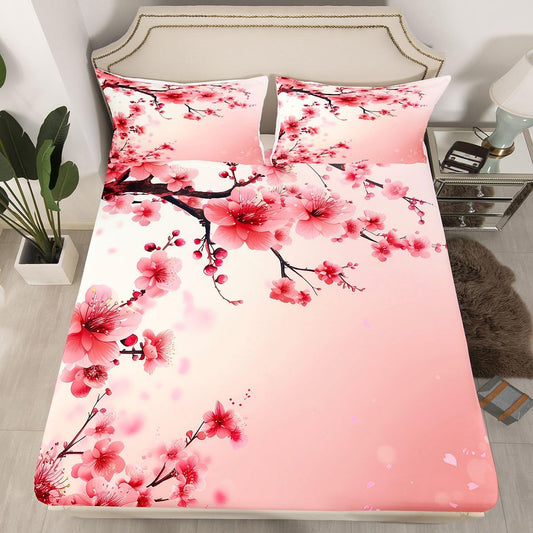 Cherry Bloosom Fitted Sheet Queen Size 3 Pcs,Pink Peach Blossom Bedding Set for Girls Women Adults,Wild Watercolor Flowers Romantic Bed Cover with 2 Pillowcases(No Top Sheet)
