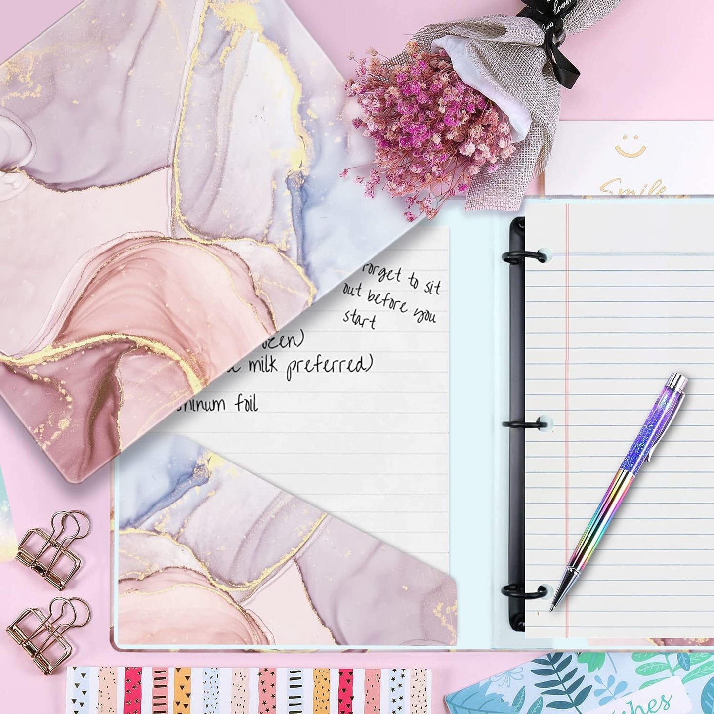 Cute 3 Ring Binder, 1-Inch Round Ring with Marble Interior Pockets for Organization, Fits 175 Sheets of 8.5x11 Paper forSchool and Office Supplies, Recipe, Pink, 1-Pack