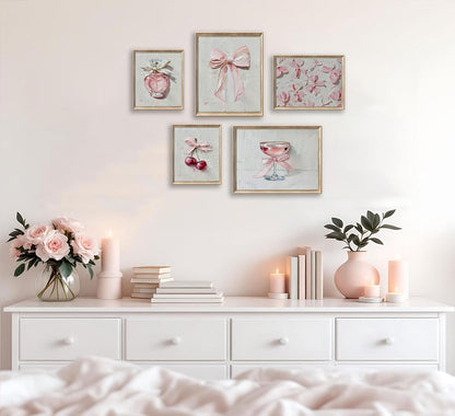 YFTTRYZ 5Pcs Pink Bows Wall Art Trendy Preppy Room Wall Decor Pink Cherry Perfume Posters Oil Painted Bows Prints for Girls Bedroom Dorm Apartment Home Unframed