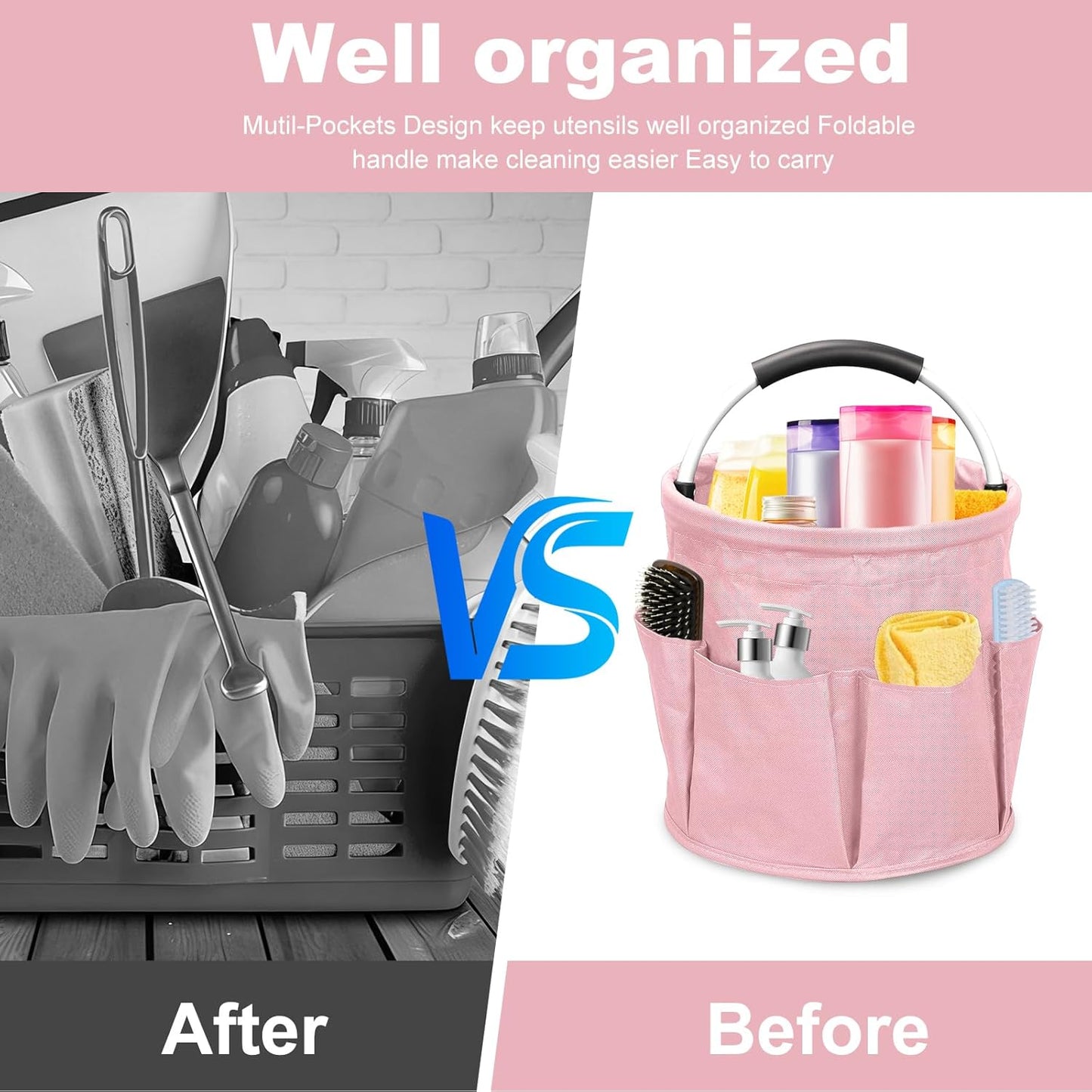 Qivine Cleaning Caddy for Cleaning Supplies, 17L Cleaning Supply Caddy with Handle Foldable Cleaning Supplies Organizer Bucket Tool Bag Organizer Cleaning Products Organizers for Home, Garden