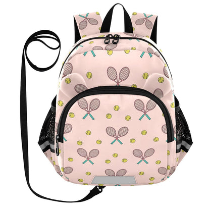 Tennis Rackets Balls Pink Pattern Toddler Harness Backpack for Boys Girls 3-6 Years Kids Backpack with Anti Lost Safety Leash Baby Harness Bookbag for Preschool Travel Walking