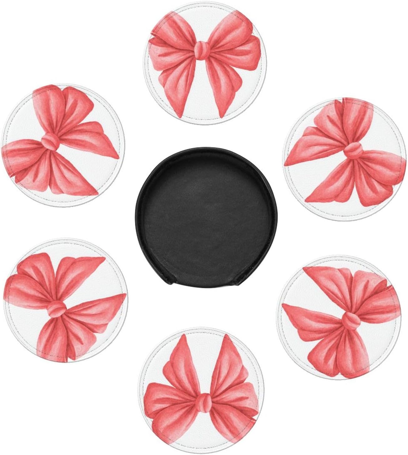 Watercolor Cute Bow Light Red and Pink Premium Leather Coasters, Set of 6 with Holder, Stylish Beverage Coasters for Kitchen Coffee Bar