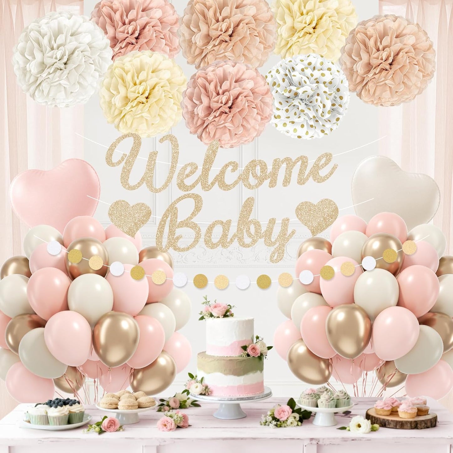 Pink Baby Shower Decorations with Light Pink Nude Beige White Gold Paper Pompoms Sand White Metallic Gold Balloons Banner for Boho Neutral Baby Shower Decorations