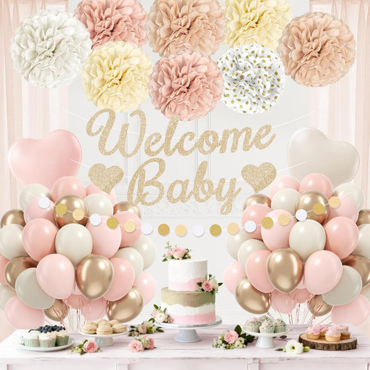 Pink Baby Shower Decorations with Light Pink Nude Beige White Gold Paper Pompoms Sand White Metallic Gold Balloons Banner for Boho Neutral Baby Shower Decorations