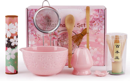 8-Piece Matcha Whisk Set with Ceramic Bowl – Complete Matcha Kit Pink | Includes ceramic bowl, bamboo whisk, scoop, holder, sifter & towel. Ideal for home tea ritual, beginners & matcha lovers.