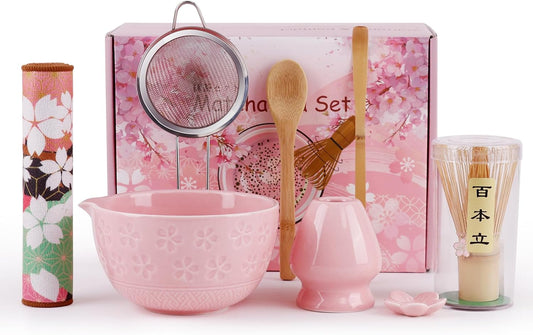 8-Piece Matcha Whisk Set with Ceramic Bowl – Complete Matcha Kit Pink | Includes ceramic bowl, bamboo whisk, scoop, holder, sifter & towel. Ideal for home tea ritual, beginners & matcha lovers.
