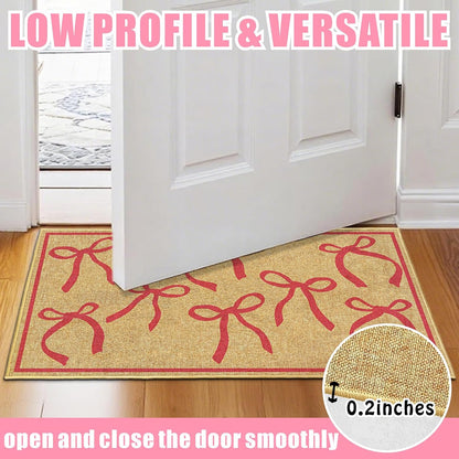 Bow Mats Welcome Doormat for Front Doors Pink Bow Rug for Indoor Outdoor Entrance Low Profile Cute Mat with Non-Slip Backing for Family Friend Gifts Coquette Entry Rug for Bedroom Kitchen 16.9"x29.9"