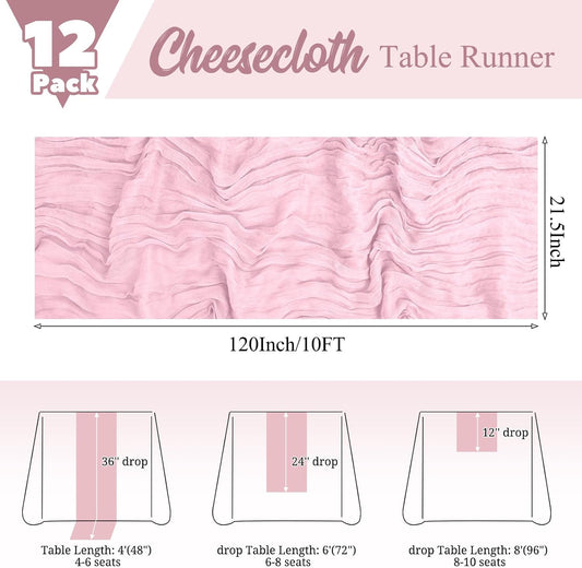 12 Pack Pink Table Runner 10Ft Cheesecloth Table Runner Rustic Gauze Table Runners Romantic Long Sheer Fabric Cheese Cloth Table Runners for Wedding Party Bridal Baby Shower(Light Pink)