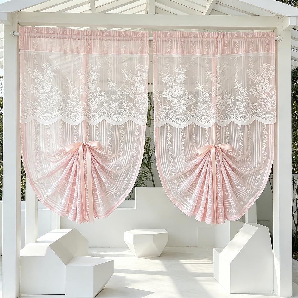 2PC Pink Floral Lace Tie Up Curtain Adjustable Roman Balloon Sheer Valance | Striped Embroidery Semi Transparent Window Curtain, Rod Pocket Lace Drape for Kitchen Arch Door Cafe Balcony Gazebo Decor
