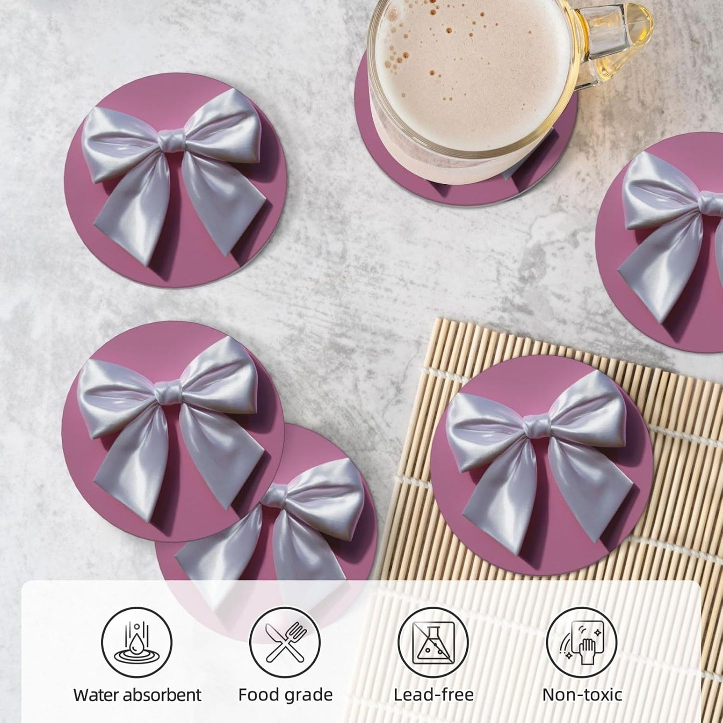 White Satin Bow On Light Pink Ceramic Coasters with Holder Set of 6 Coffee Cup Drink Coasters