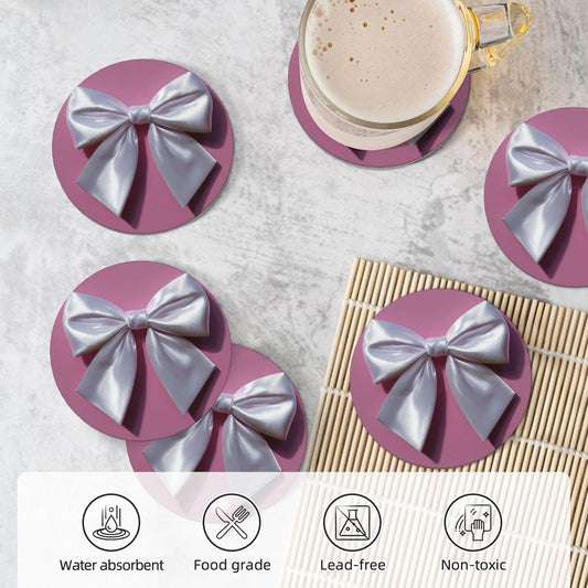 White Satin Bow On Light Pink Ceramic Coasters with Holder Set of 6 Coffee Cup Drink Coasters