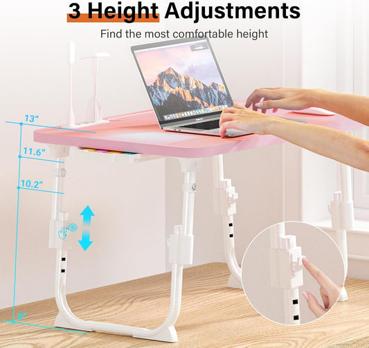 Lap Desk for Bed, Adjustable Laptop Desk with USB Charging Port, Storage Drawer & Bookshelf — Foldable Bed Desk for WFH & Students, 23.6" Desktop Fits 20" Laptop, Non-Slip, Pink