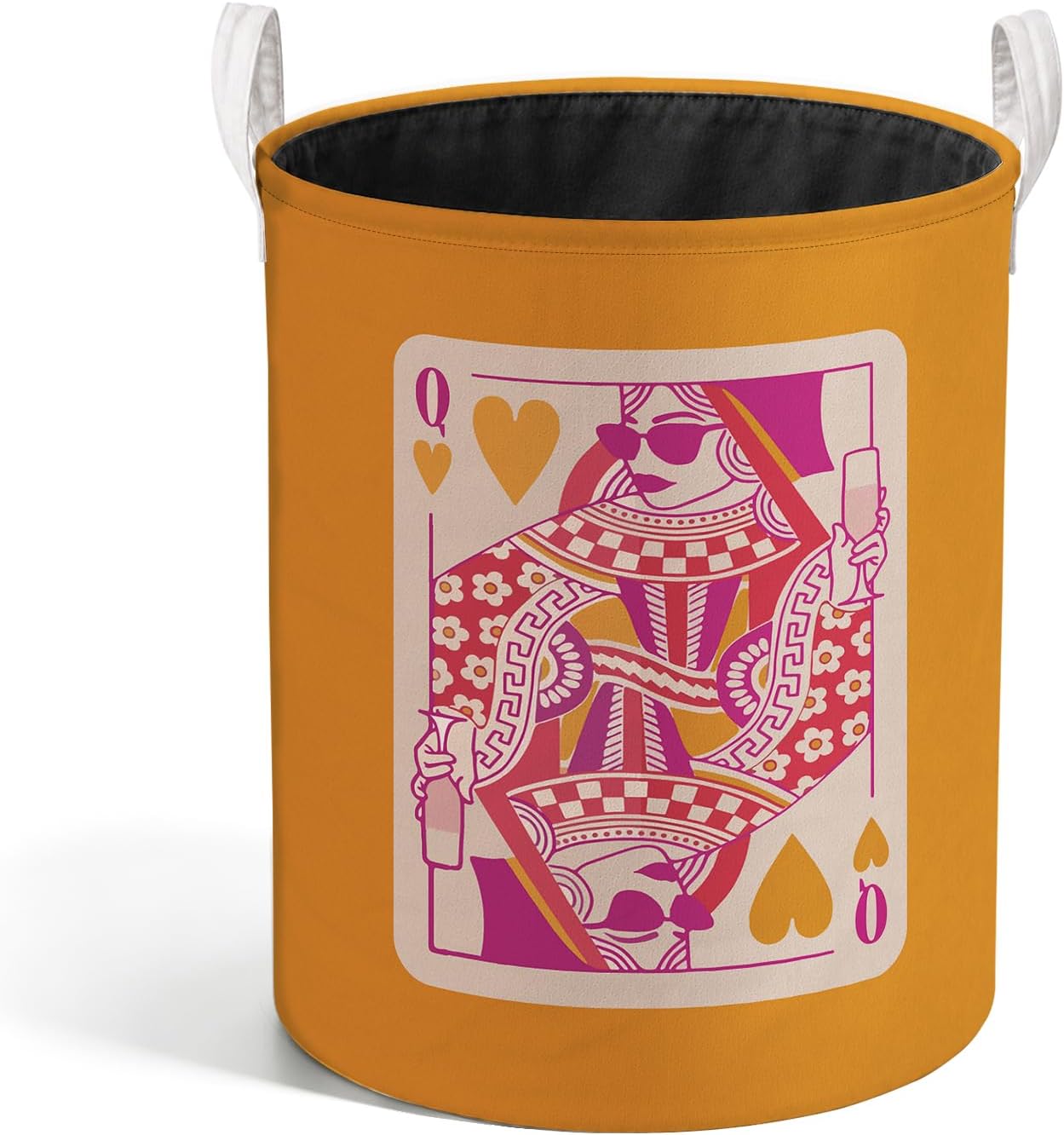 Trendy Pink and Orange Poker Laundry Basket, Preppy Queen of Hearts Playing Card Laundry Hamper Waterproof Collapsible Clothes Toys Storage Bin Organizer for Bedroom Bathroom Home