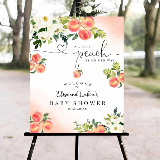 BBLI Personalized Peaches Baby Shower Welcome Sign Custom Little Peach Party Decor for Girl Baby Shower Peach Theme Floral Event Poster Peachy Vintage Signs Guest Greeting