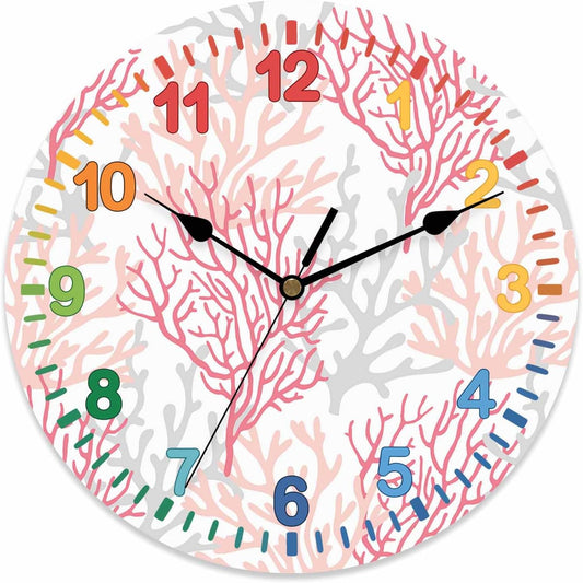 Wall Clock Pink Grey Ocean Coral Clocks PVC Silent Non-Ticking Battery Operated Colorful Teaching Summer Marine Life Round Clock for Kids Room Living Room Bedroom Office School Wall Decor 14 Inch