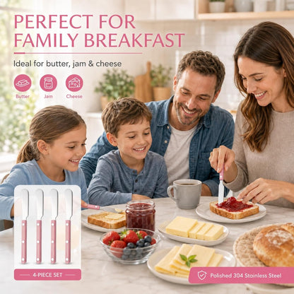 4PCS Stainless Steel Butter Knives Set: 6.3 Inch Cheese Spreader 304 Stainless Steel with Ergonomic Handle for Cheese, Butter & Jam (pink)