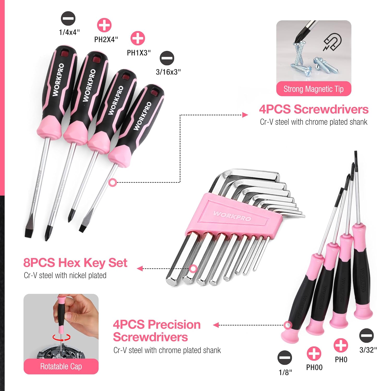 WORKPRO Pink Tool Set, 277 PCS Home Repairing Tool Kit, Pink Tool Bag with 13-Inch Wide Mouth Open Storage Bag, Portable Home Tool Kit Including Hammer, Screwdriver, and Household Tools - Pink Ribbon