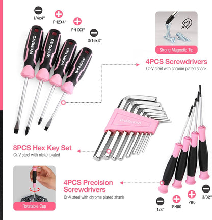 WORKPRO Pink Tool Set, 277 PCS Home Repairing Tool Kit, Pink Tool Bag with 13-Inch Wide Mouth Open Storage Bag, Portable Home Tool Kit Including Hammer, Screwdriver, and Household Tools - Pink Ribbon