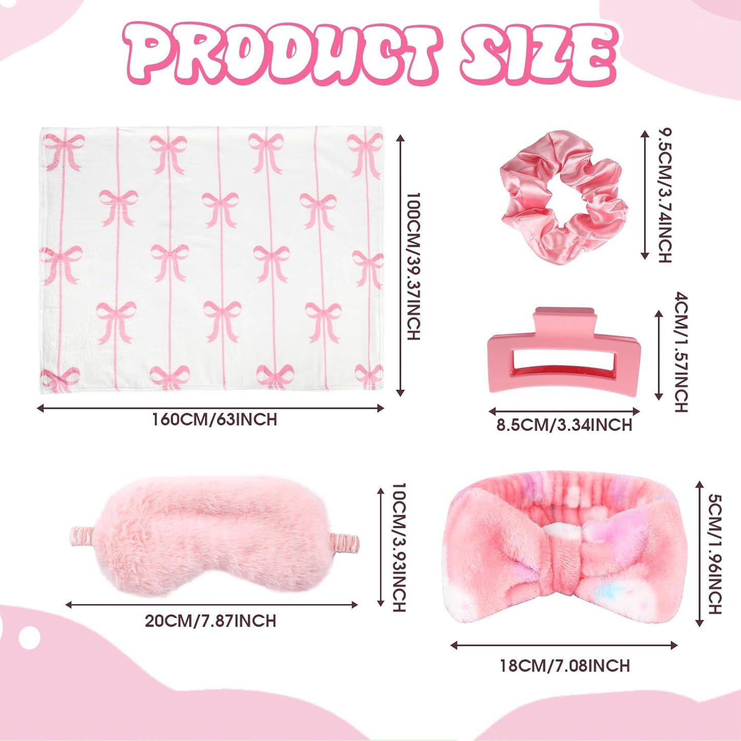 WAYASDCU 30 Pcs Sleepover Party Supplies for Girls, 6 Style Cute Pink Bow Blanket 6 Hair Clips 6 Hair Ties 6 Plush Pink Eye Mask Cover 6 Coral Fleece Spa Headband for Slumber Party Supplies for Girls