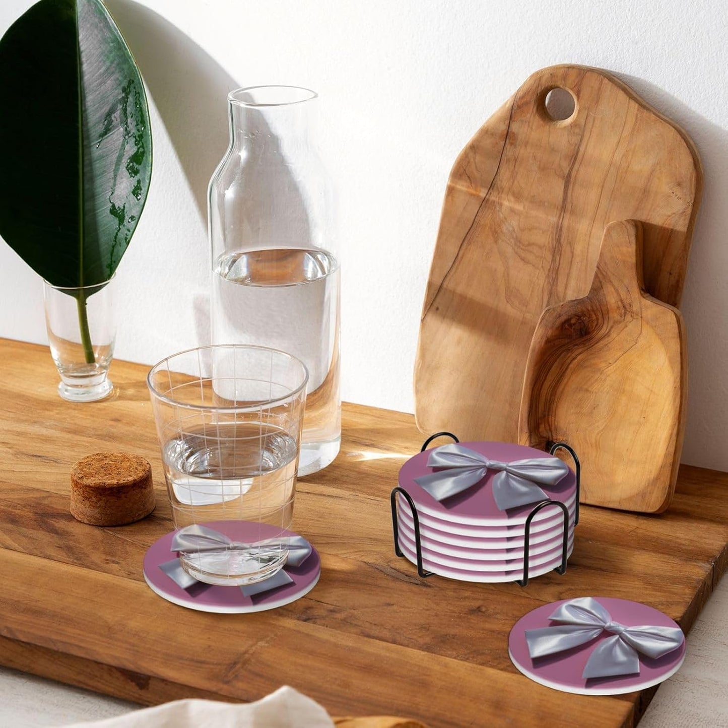 White Satin Bow On Light Pink Ceramic Coasters with Holder Set of 6 Coffee Cup Drink Coasters