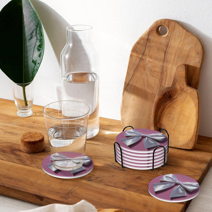 White Satin Bow On Light Pink Ceramic Coasters with Holder Set of 6 Coffee Cup Drink Coasters
