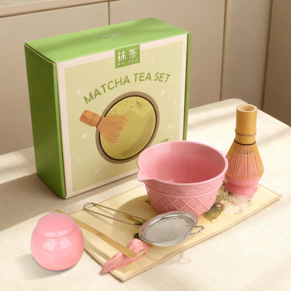 Sakura Pink Matcha Whisk Set-8pcs,Japanese Tea Set Includes Matcha Bowl with Ice Cream Design, Tea Mat and Matcha Canister, 16OZ Matcha Kit for Ceremony