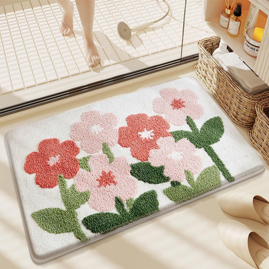 Plants Bathroom Mat Cute Absorbent Bath Rug Non Slip and Machine Washable Bath Shaggy Carpet for Kitchen, Bedroom and Living Room (Pink Flowers, 23"x16")