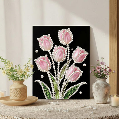 FRANDEK Pink Tulip DIY Pearl Painting Kit, Framed 3D Textured Handmade 30x40cm, Sparkling Gem Art Decor for Living Room, Study, Relaxing Creative Project, Gift for Friends Mother's Day