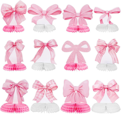 12 Pcs Pink Bow Party Honeycomb Centerpieces Pink Bow Table Centerpieces Coquette Theme Birthday Decorations Bow Party Decorations for Birthday Bachelorette Wedding Mothers Day Party Supplies