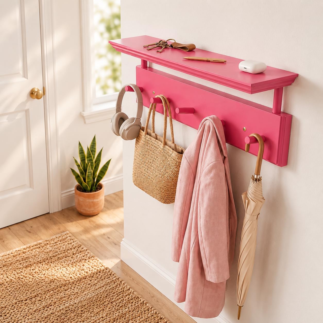 Matías Coat Rack Wall Mount with Shelf, 18 Inch Solid Wood Peg Rail, Wall Mounted Coat Rack with 5 Hooks, Wall Mount Shelf for Entryway, Bathroom or Bedroom (Pink)