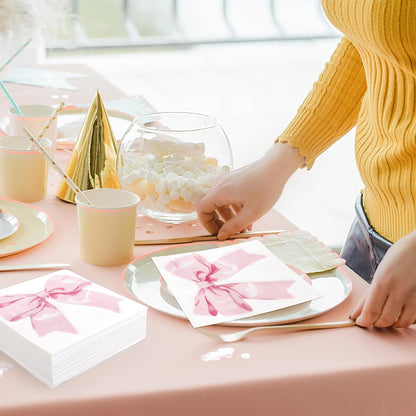 JarThenaAMCS 100Pcs Pink Bow Coquette Paper Napkins Watercolor Ribbon Bowknot Disposable Luncheon Dinner Napkins For Birthday Baby Shower Bachelorette Party Table Supplies