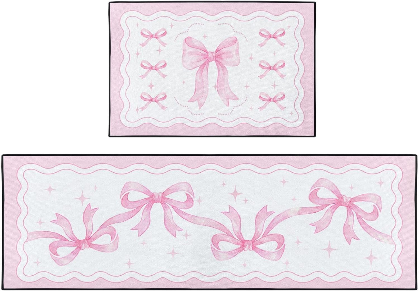 Bow Coquette Pink Kitchen Rugs and Mats Non Skid Washable Set of 2, Girly Preppy Floor Mats, Sweet Heart Home Runner Rug, Rustic Kitchen Decor