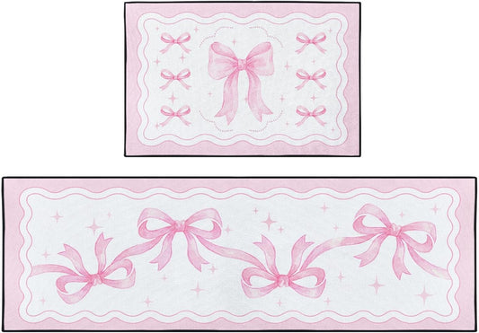 Bow Coquette Pink Kitchen Rugs and Mats Non Skid Washable Set of 2, Girly Preppy Floor Mats, Sweet Heart Home Runner Rug, Rustic Kitchen Decor