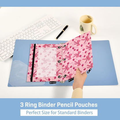 Pink Bow Cherry Pencil Pouch for 3 Ring Binder 2 Pack Zipper Binder Pencil Bag with Clear Window Pencil Case for Office Supplies