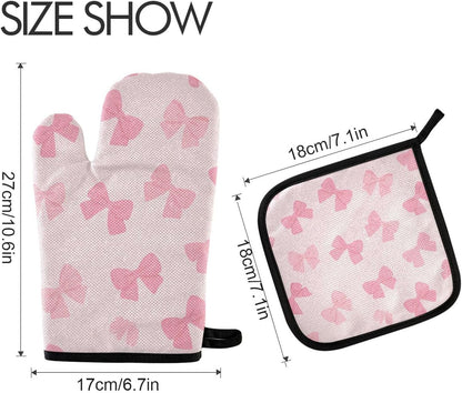 Cute Light Pink Bow Oven Mitts and Pot Holders Set for Cooking Baking Kitchen Decor