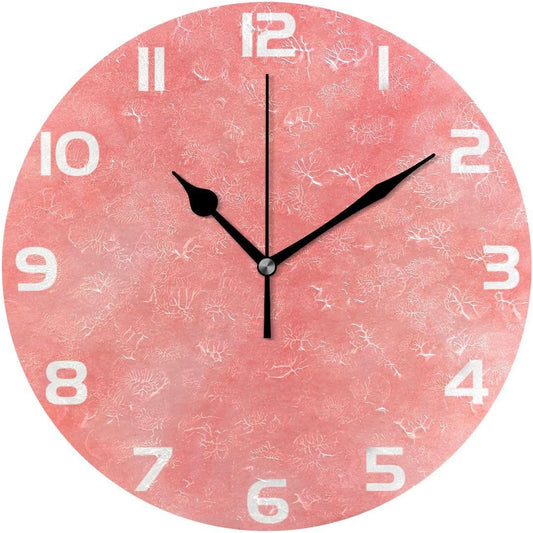 ABLINK Vintage Coral Color Round Wall Clock, Silent Non Ticking Oil Painting Home Office School Decorative Clock Art