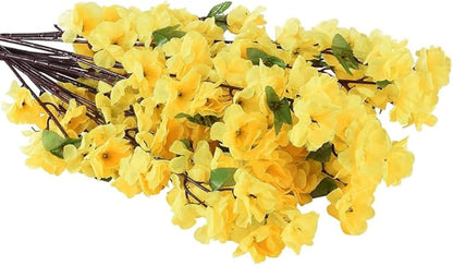 10PCS Artificial Cherry Blossom Flower Branches, 25.6 Inch Silk Spring Peach Blossom Bouquet Fake Flower Stems Arrangement for Wedding Home Decoration (Yellow)