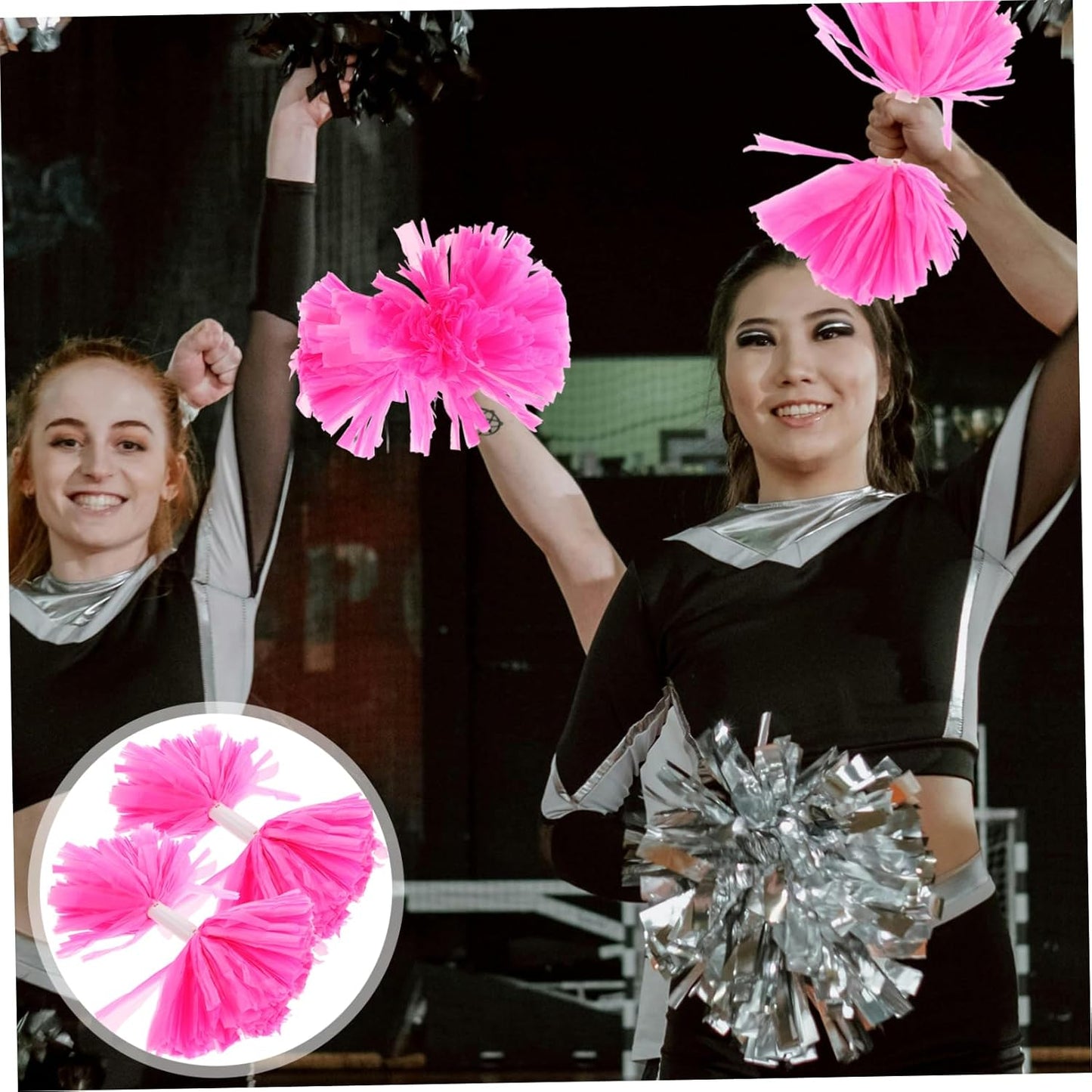 LIOOBO 2pcs Pink Cheerleading Pom Poms with Handle Bright Color Durable Design for Games Team Dance and Celebrations Eye-catching Cheer Items for All Ages